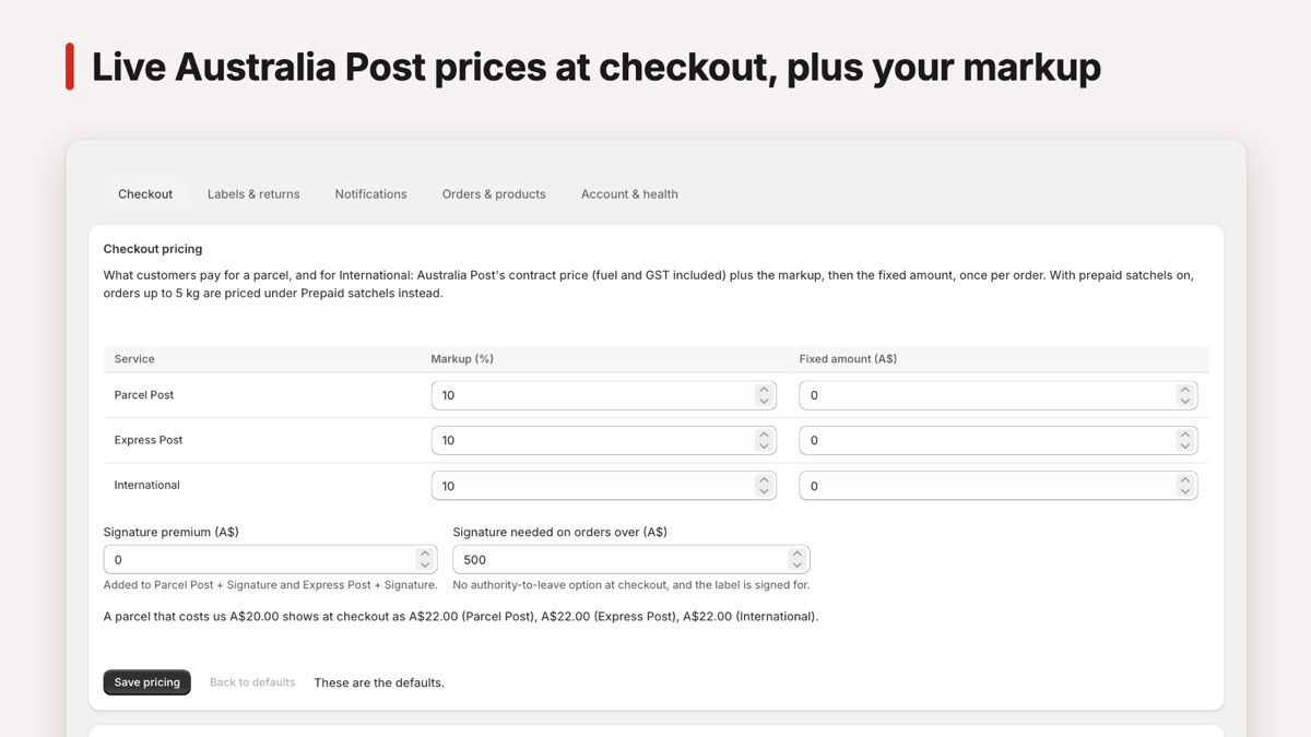 EZOZ checkout pricing: the markup on each Australia Post service