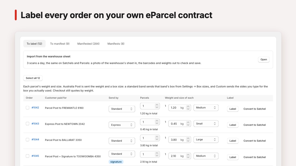 EZOZ To label screen: orders with their Australia Post service, weight and box size, ready to label