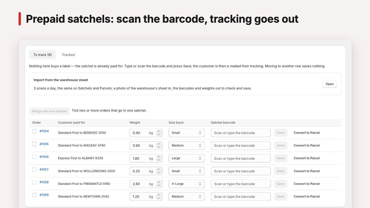 EZOZ satchels: orders waiting for their prepaid satchel barcode
