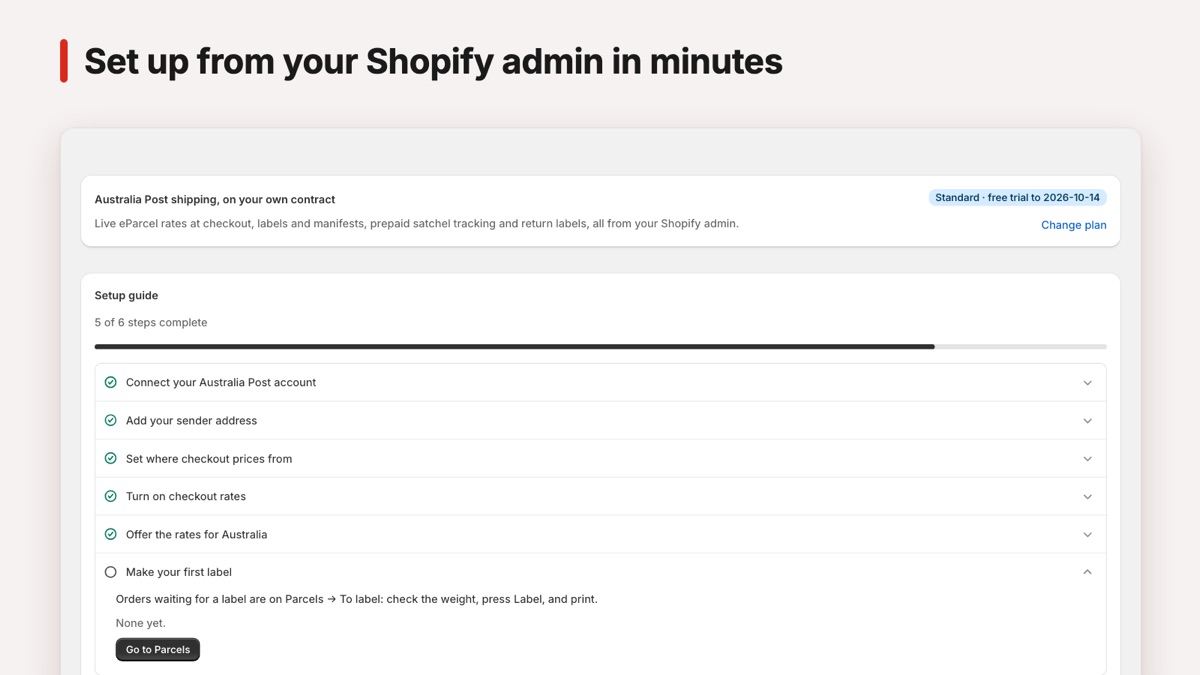 EZOZ home: the setup checklist with plan and checkout rates status